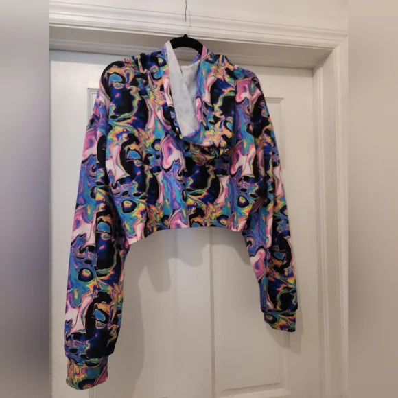 90s Y2K Neon Marble Rave Festival Cropped Hoodie L - Picture 4 of 4